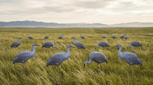 Core sandhill crane decoys in a field