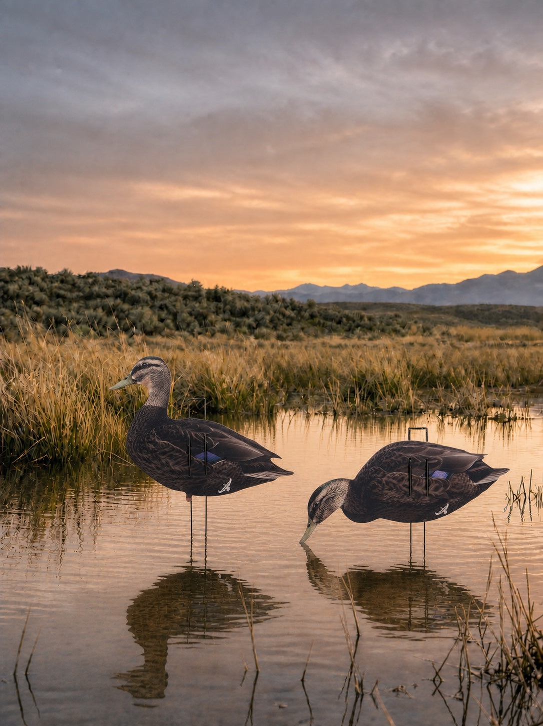 Black duck decoys in a golden-hour marsh